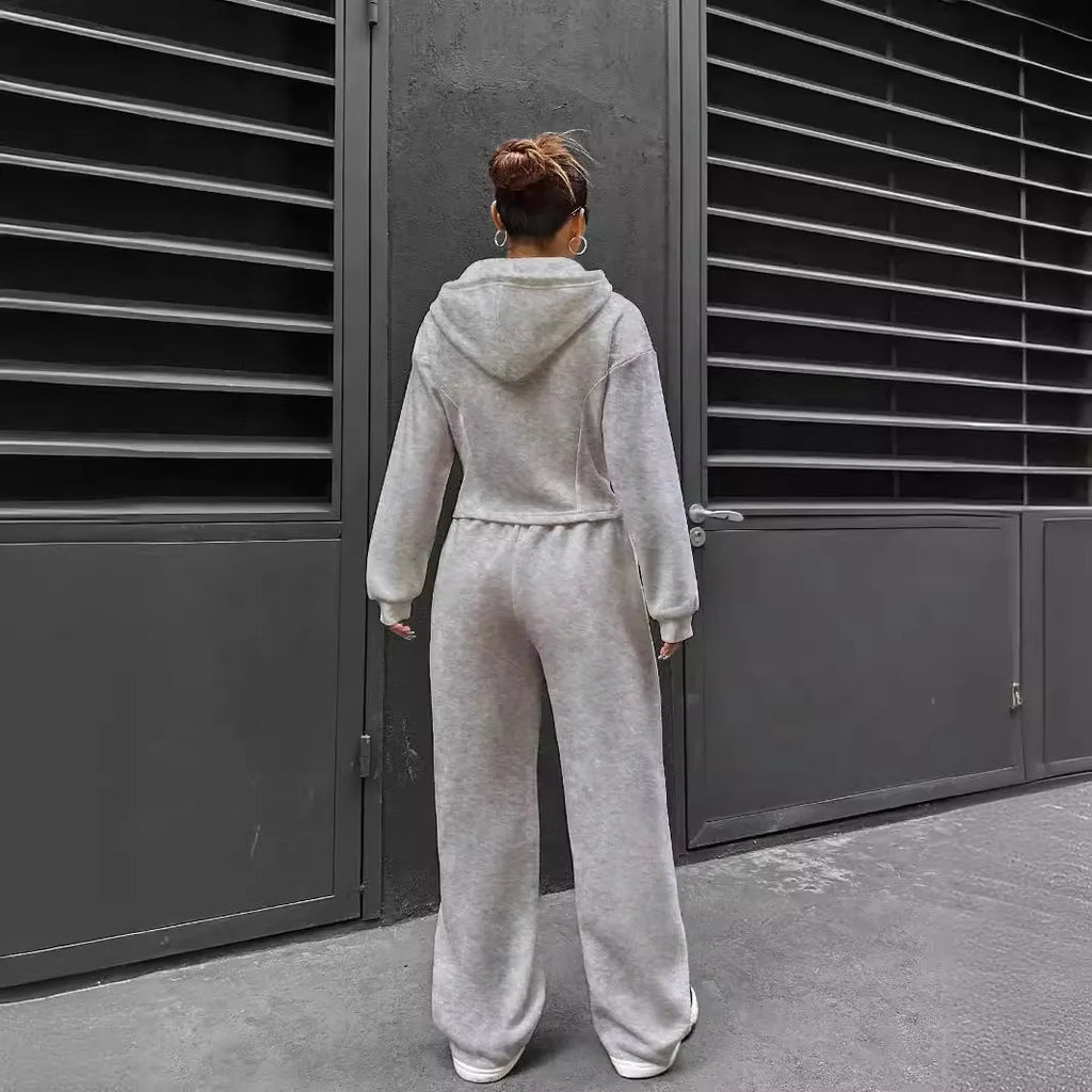 Sweatshirt Two-piece Set Women's Casual Sports Suit Spring Autumn Zip-up Slim Hoodies Short Coat Straight Trousers 2-piece Sets