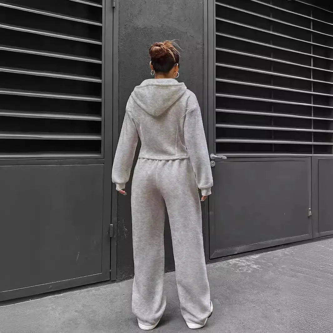Sweatshirt Two-piece Set Women's Casual Sports Suit Spring Autumn Zip-up Slim Hoodies Short Coat Straight Trousers 2-piece Sets