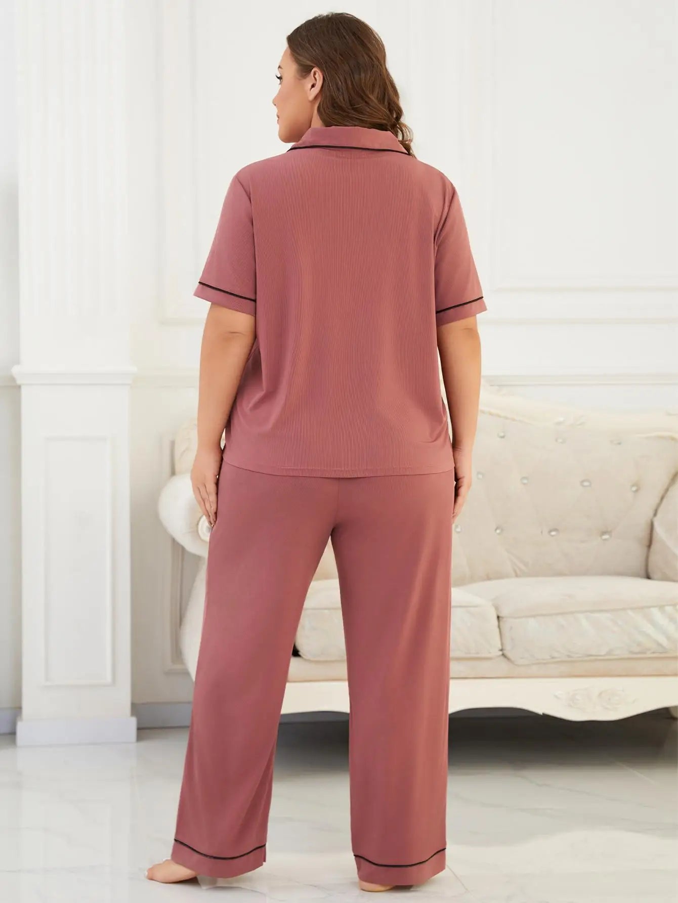Plus Size Solid Women Pajama Sets Short Sleeves Front Button Turn Down Collar Top & Full-Length Pants 2 Pcs Sleepwear Nightwear