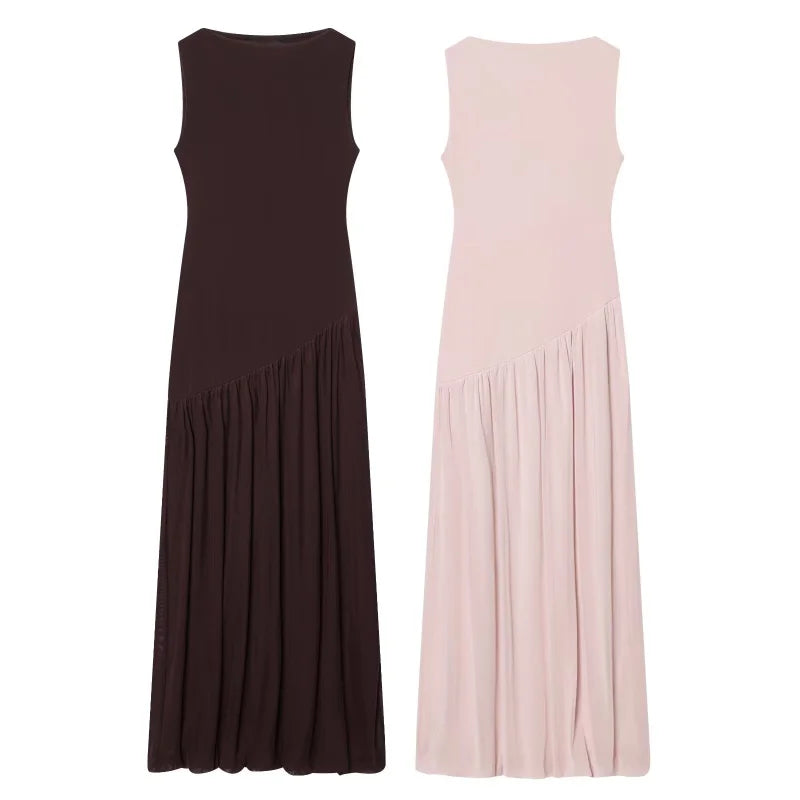 ETJ Women Brown Sleeveless High Neck Midi Dress Pleated Skirt Flowy Wrap Dress Minimalist Elegant Office Party Wear 2026