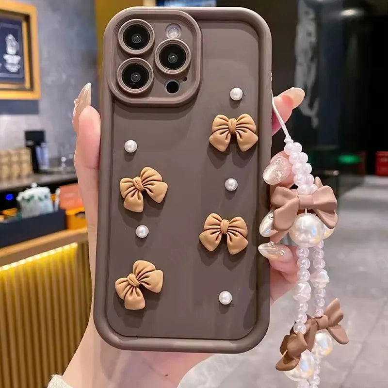 Pearl Bow Chain Phone Case For Redmi Note 14 13 12 11 10 9 8 Pro Plus 11s 13C 12C Women Silicone Back Cover