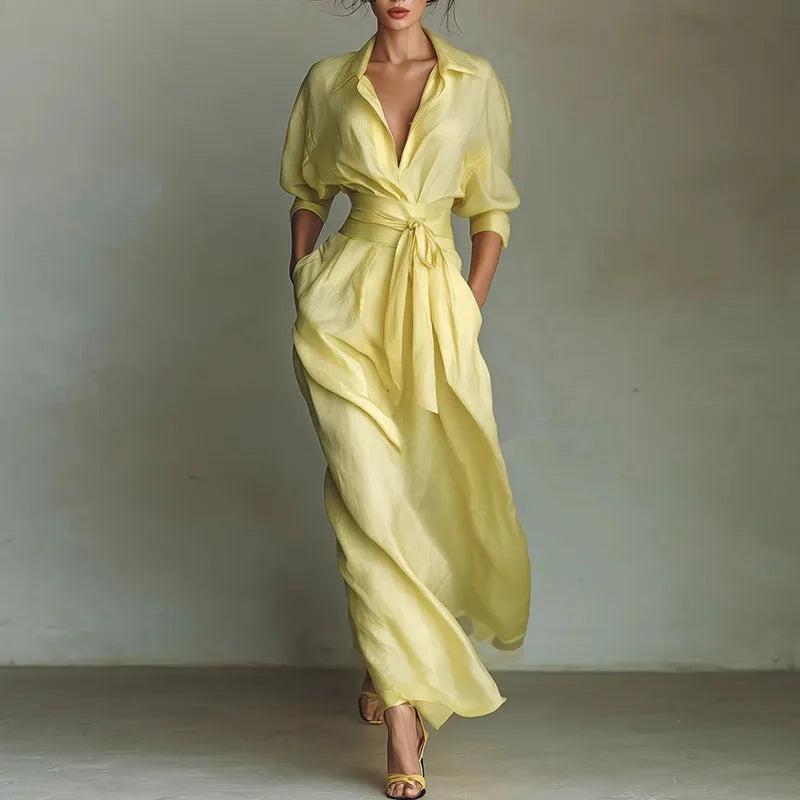 Bohemian Elegant Lace-up High Waist Long Dress Woman New Turn-down Collar Hollow Party Dress Spring 3/4 Sleeve Pocket Maxi Dress