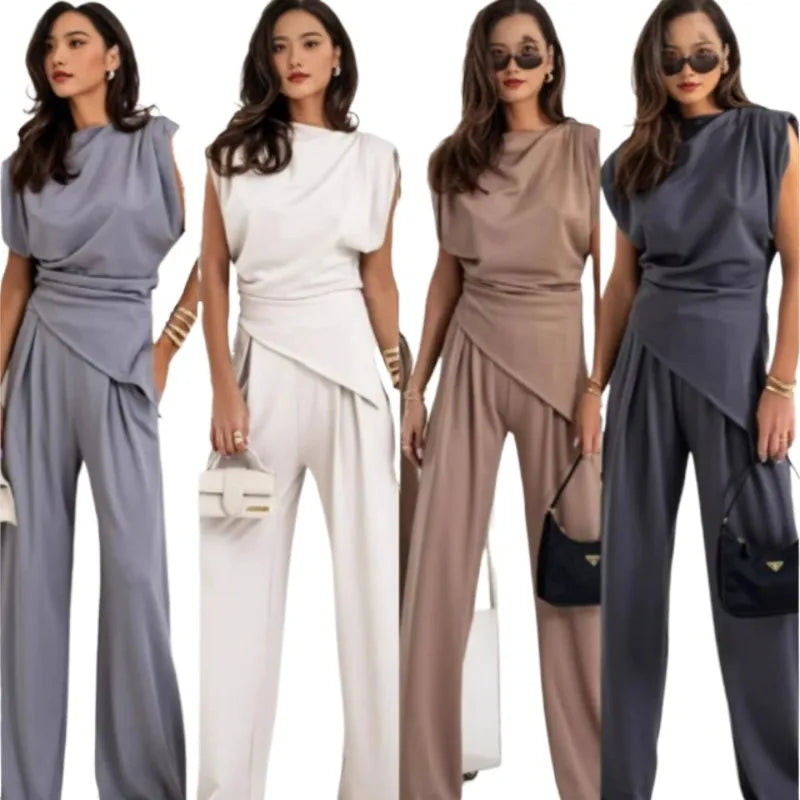 Women's OL Sets Two 2 Pcs Sale Casual O-Neck Sleeveless Irregular Shirt Tops& Pocket Wide Leg Loose Pant Suits OUCFS-W3038