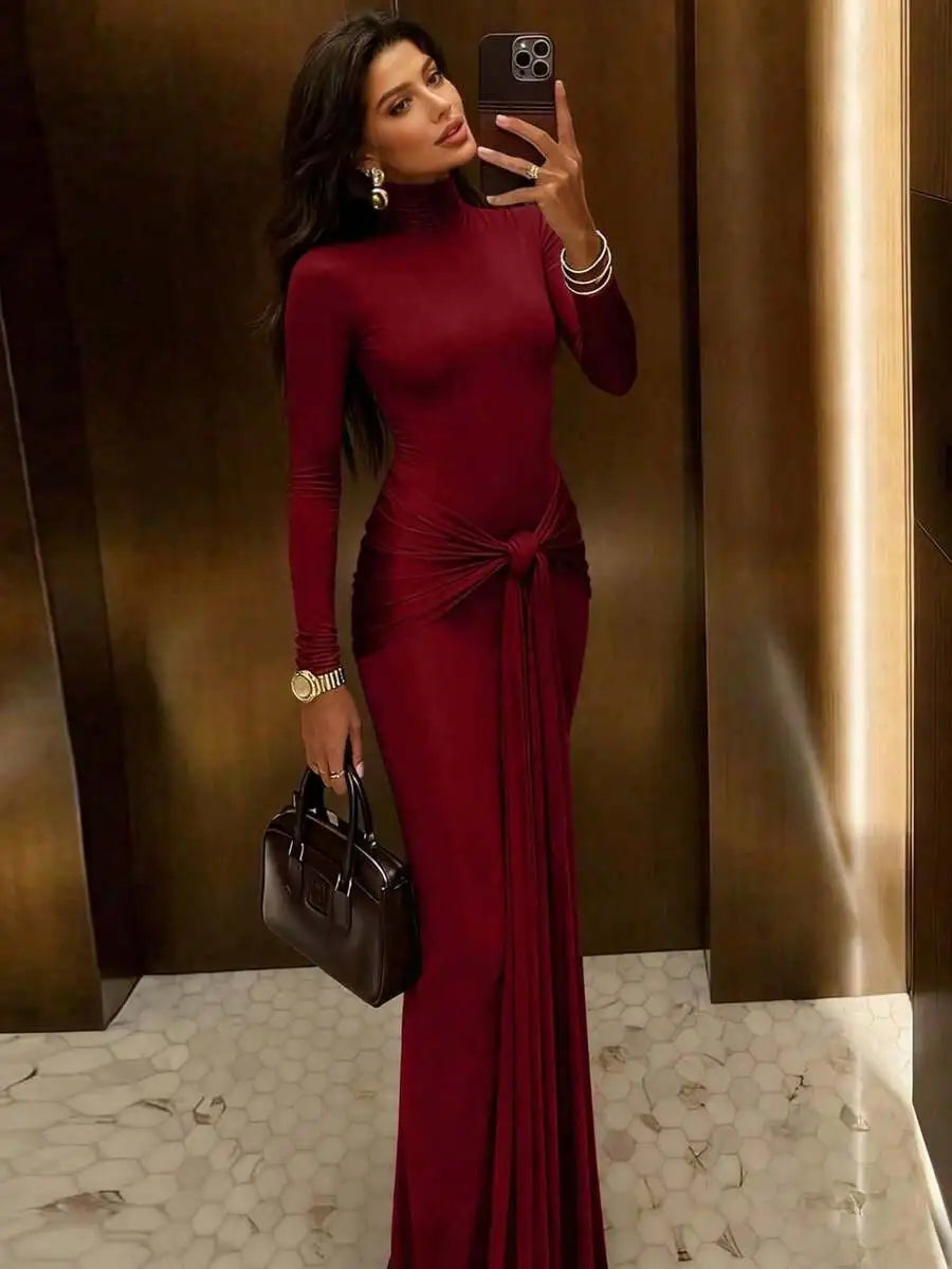 Brown High Neck Fitted Long Dress with Front Knot Detail