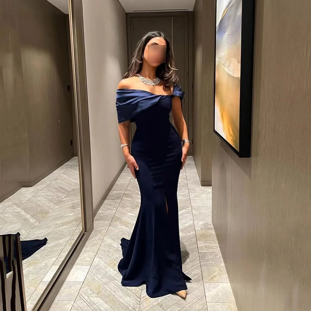 Msikoods Navy Blue Mermaid Prom Dress Luxury Off Shoulder Sexy Slit Arab Evening Dresses Elegant Night Party Dress Customzied
