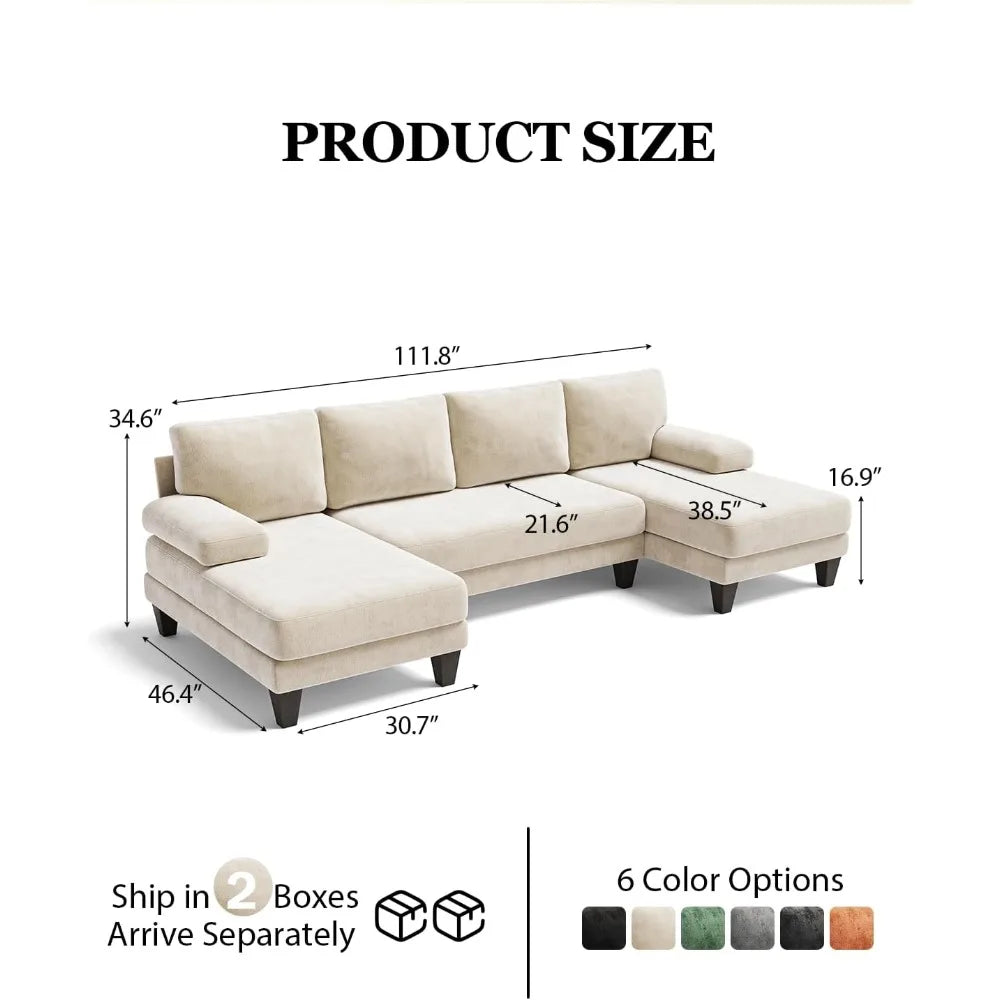 Beige 112-Inch U-Shaped Sectional Sofa with Double Chaise for Apartments
