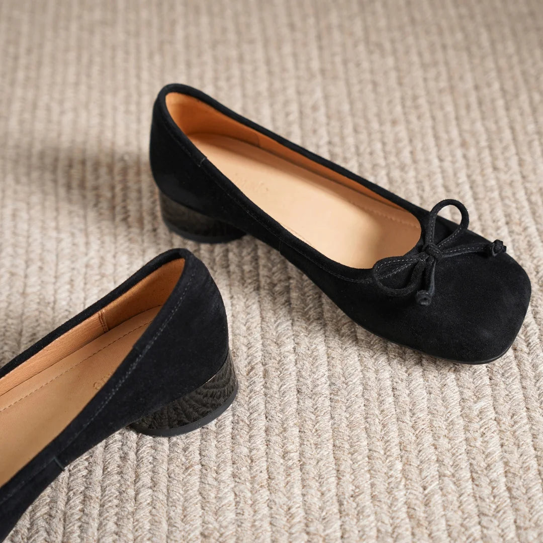 Women's natural suede leather square toe slip-on flats 3cm round low heel sweet bowtie casual female four season shoes for woman