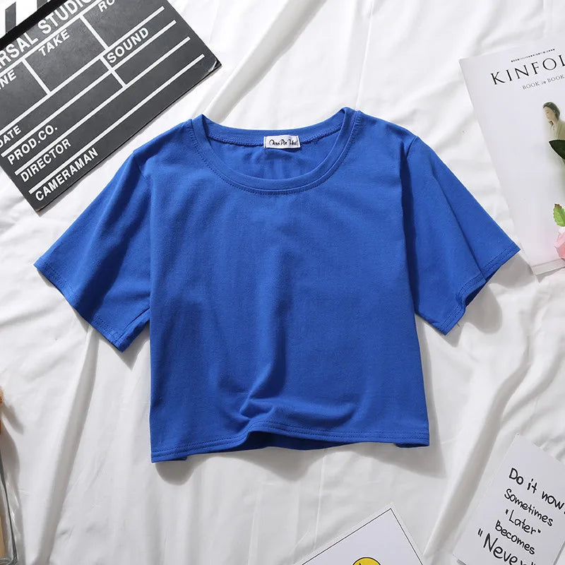2023 Summer Short Sleeve T Shirts Women Cotton Solid T-shirt O Neck High Waist Crop Top Tee Female Casual Loose T Shirt