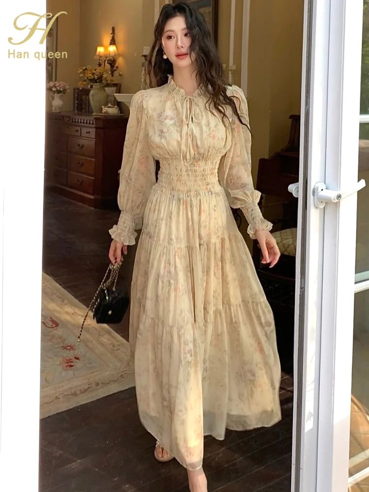 H Han Queen Women's Bohemian Chiffon Printed Dress Long Sleeve Casual Beach Holiday Wrap Waist Spring Summer