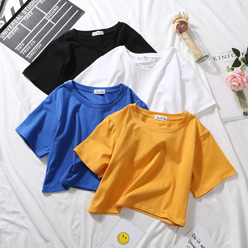 2023 Summer Short Sleeve T Shirts Women Cotton Solid T-shirt O Neck High Waist Crop Top Tee Female Casual Loose T Shirt