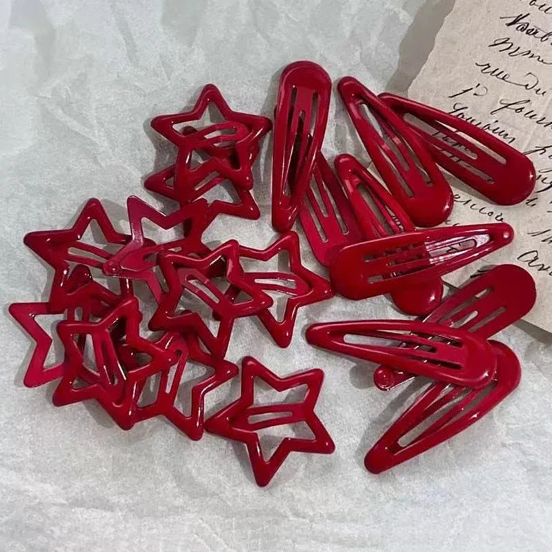 10Pcs/set Red Star Snap Clip for Girl Waterdrop Barrettes Black Hairpin Women Hair Clip Accessories Kawaii BB Clip New Sweet