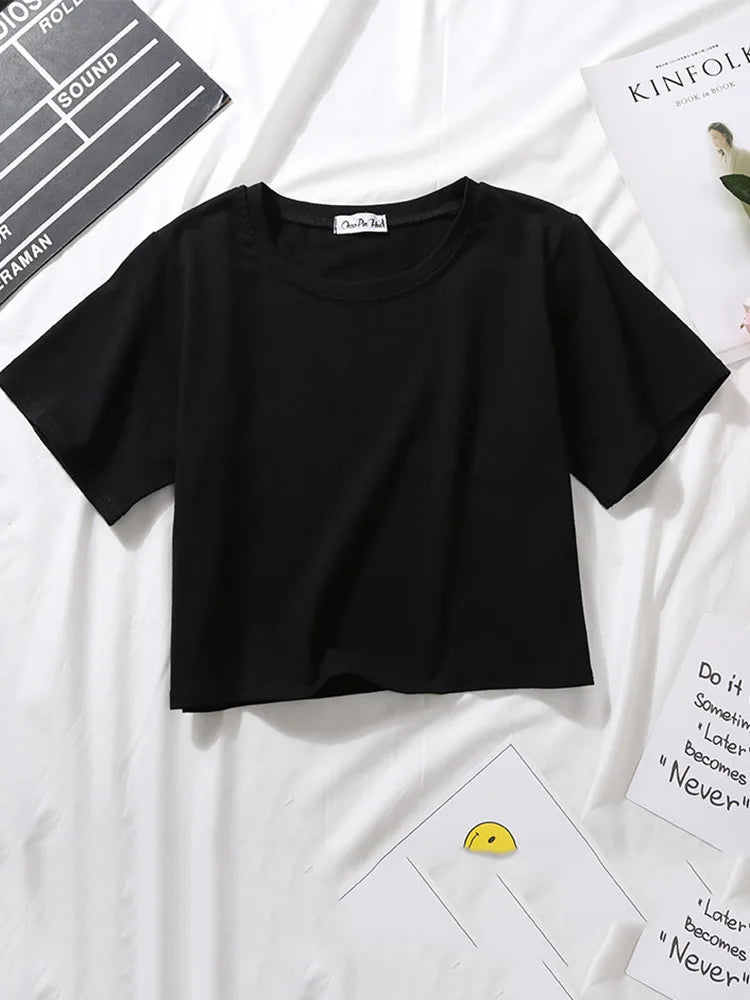2023 Summer Short Sleeve T Shirts Women Cotton Solid T-shirt O Neck High Waist Crop Top Tee Female Casual Loose T Shirt
