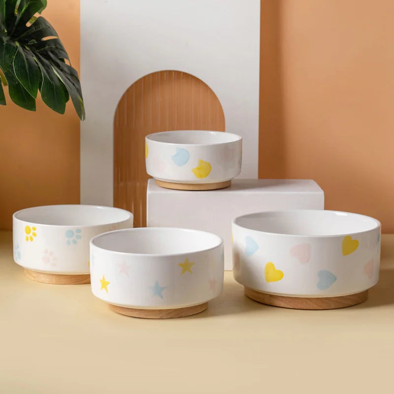 Ceramic Pet Bowl with Wooden Mat – Spine-Friendly
