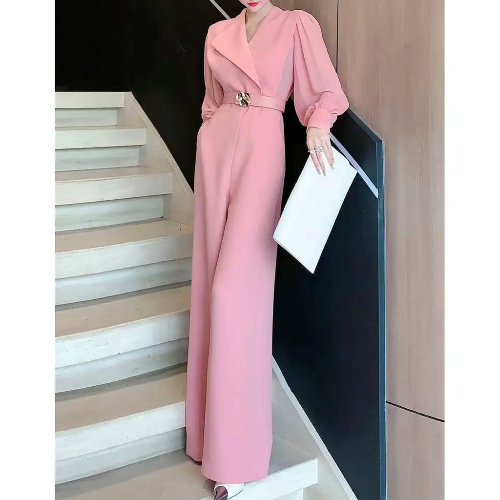 2025 New Spring Autumn Women Long Jumpsuits Fashion Elegant Office Lady Long Sleeve Wide Leg Pants Rompers