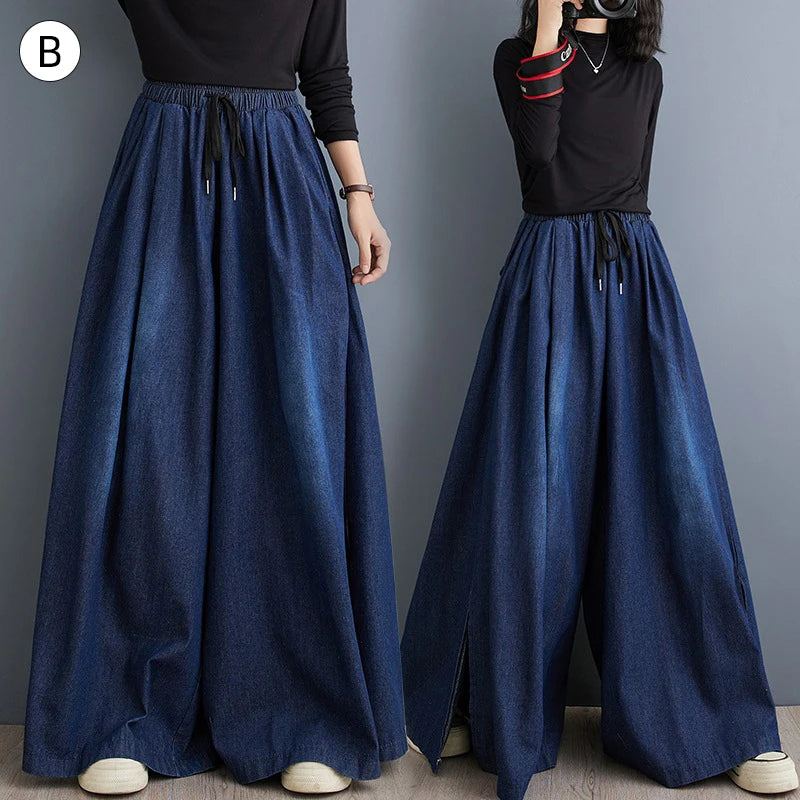 Spring NEW Elastic Waist Loose-Fit Plus Size Women's Jeans Slimming Wide-Leg Ground-Length Simple Culottes Casual Pants
