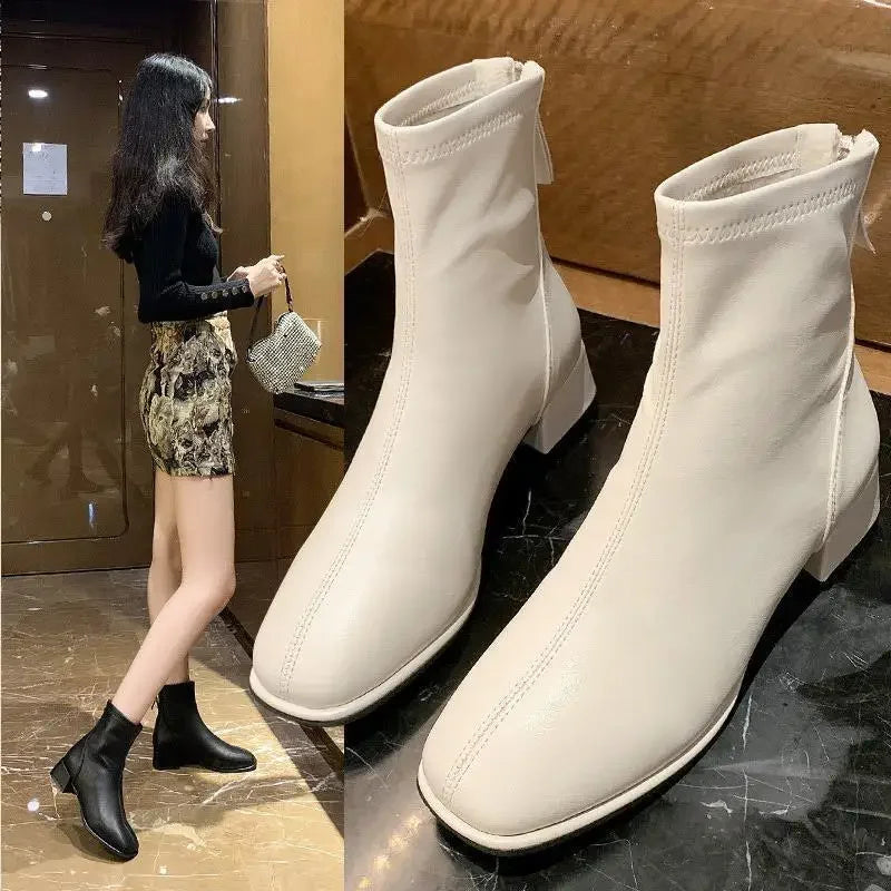 Women's Winter Short Boots White Fleece Lined Square Toe Booties Spring Autumn Seasonal Fashionable Thick Heel Ankle Boots