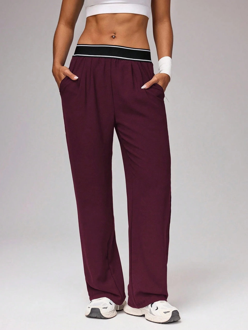 Women's High Waist Wide Leg Pants, Striped Waistband Loose Fit Casual Trousers, Lightweight Breathable Workout Joggers