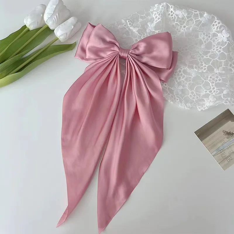 Women Elegant Lace Bow Ribbon Hair Clips Solid Color Satin Заколка Бант Girls Korean Hairpins Party Headdress Hair Accessories