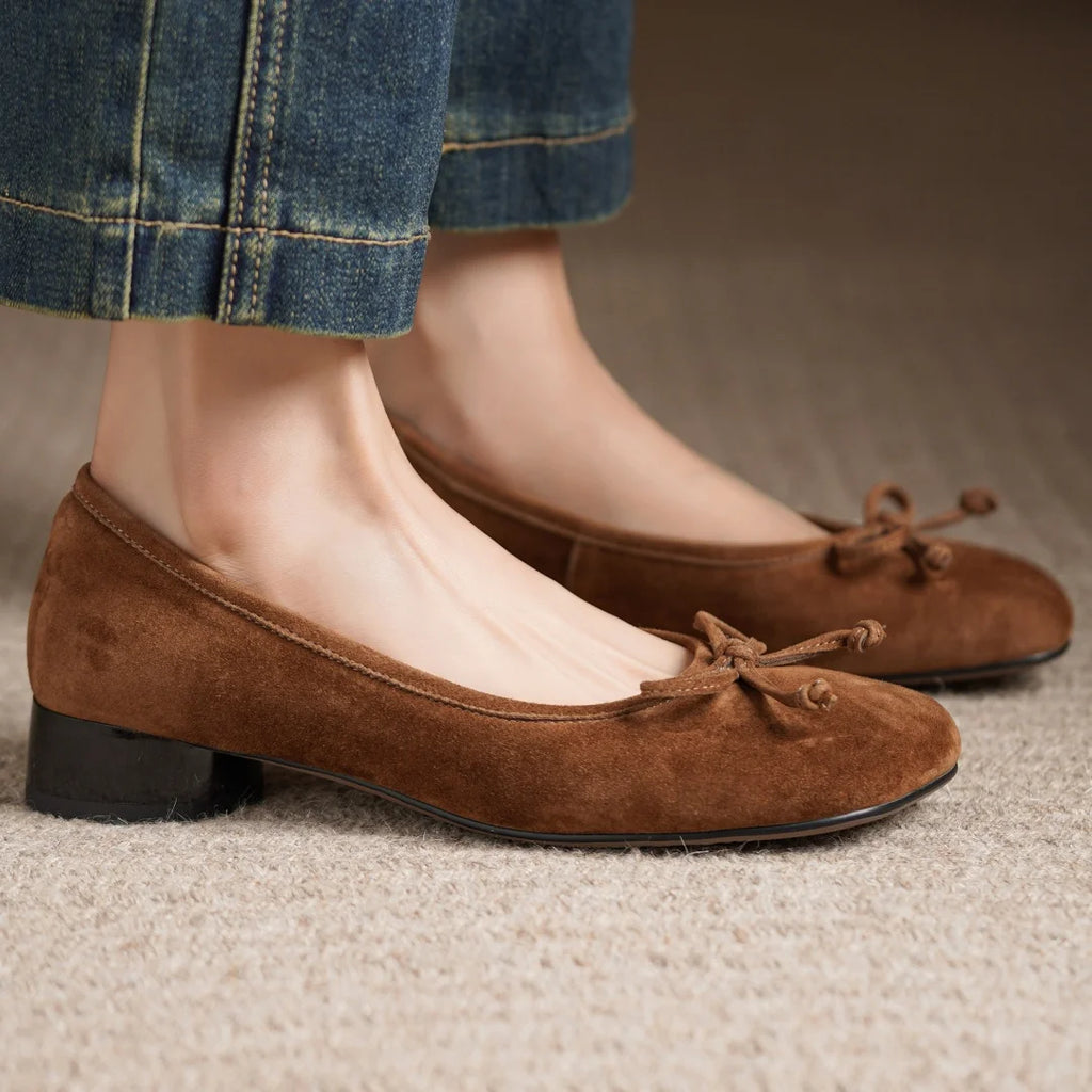 Women's natural suede leather square toe slip-on flats 3cm round low heel sweet bowtie casual female four season shoes for woman