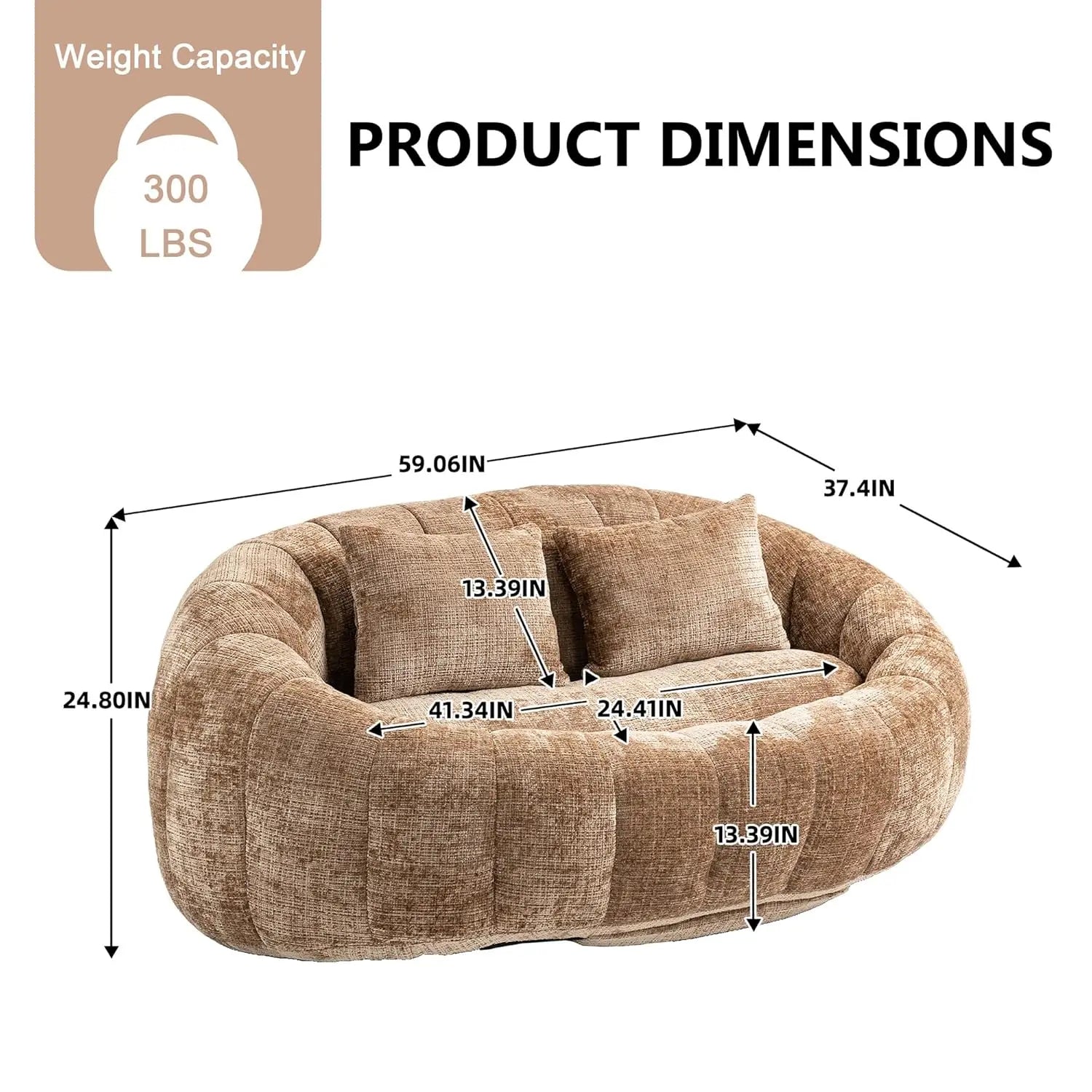 Bean Bag Sofa, Comfy Loveseat Sofa with 2 Pillows, Soft Giant Bean Bag Chair, Cozy Round Lazy Sofa with Wide, Customized