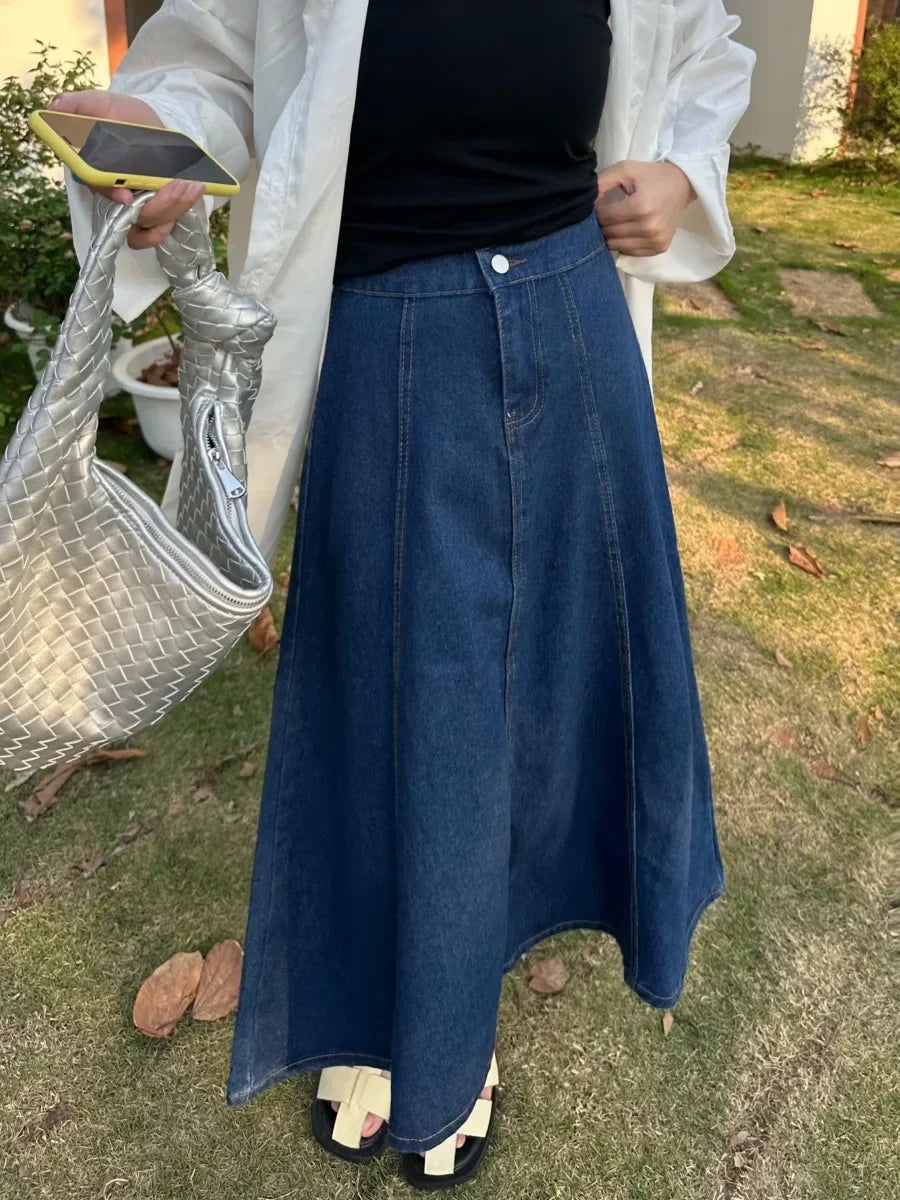 High Waist A- Line Midi Denim Skirt Women's Elastic Waist Design Sensation Slimming Long Skirt Summer Fashion Half-length Skirt