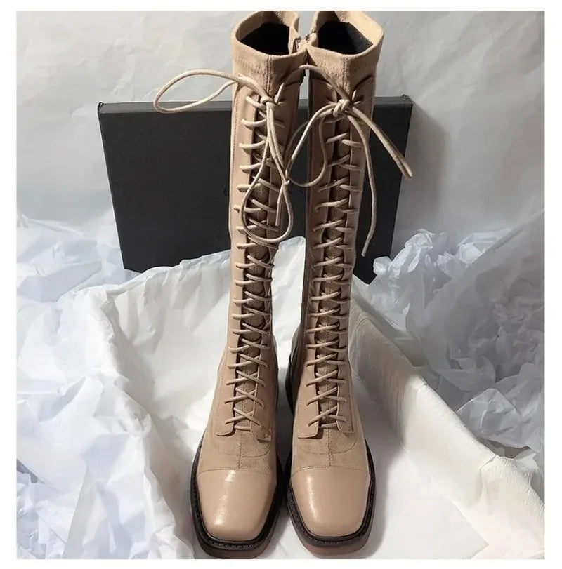 Women's Knee-high Boots High Quality Suede Leather Boot Lace Up Slim Long Tube Boots Knee-high Chelsea Boot Women Fashion Boots