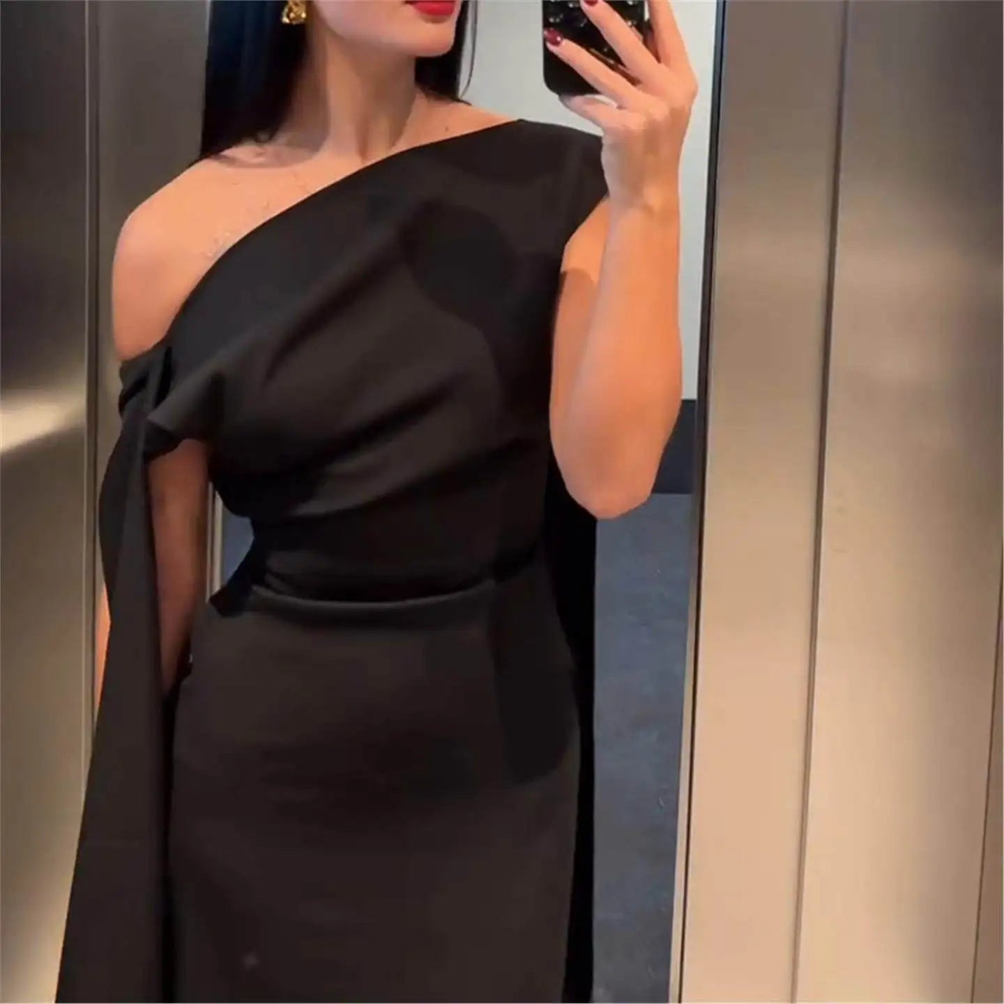 Elegant Long Dress Pure Color Asymmetrical Collar Shoulder Insert Sleeve Cross-Border Summer New Women's Fashion Dress