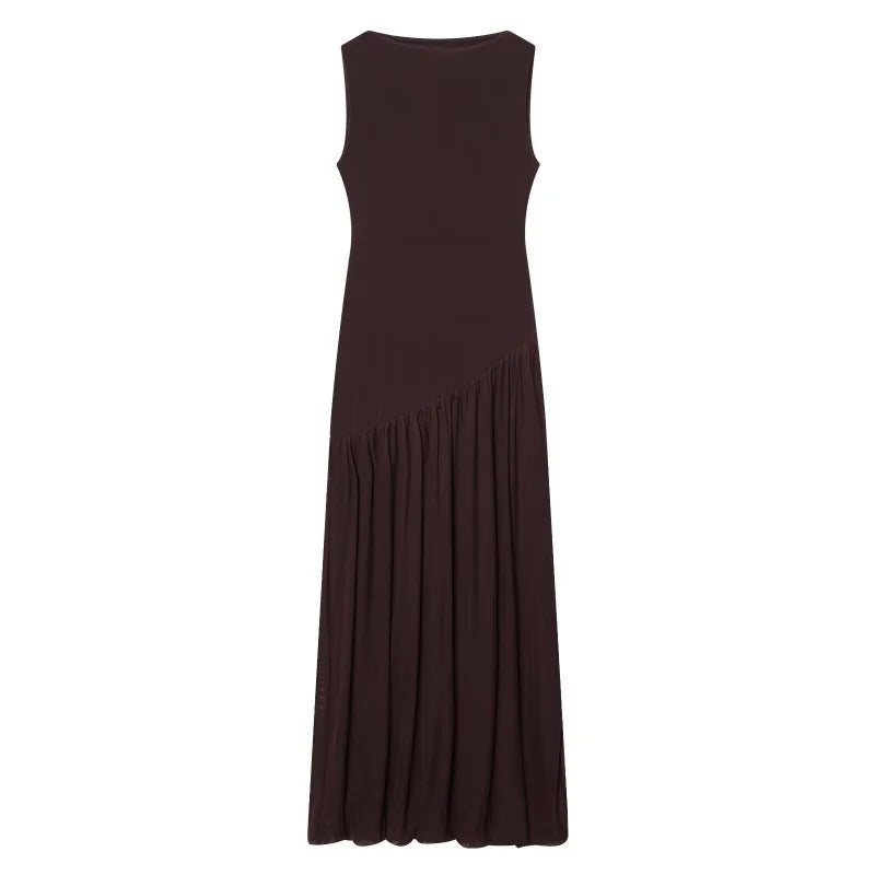 ETJ Women Brown Sleeveless High Neck Midi Dress Pleated Skirt Flowy Wrap Dress Minimalist Elegant Office Party Wear 2026