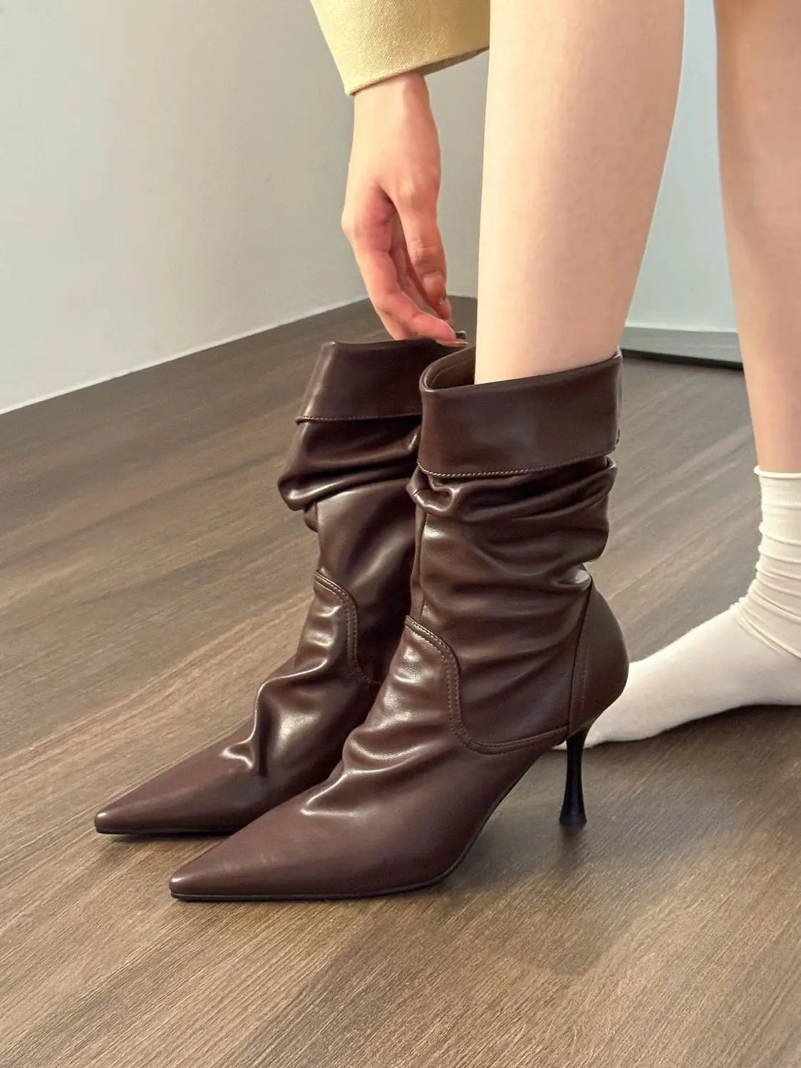 Elastic Short High Heel Boots Women's Autumn Winter Pointed Toe Slim Fit Pleated Booties Mid-Calf Faux Leather Rubber Sole