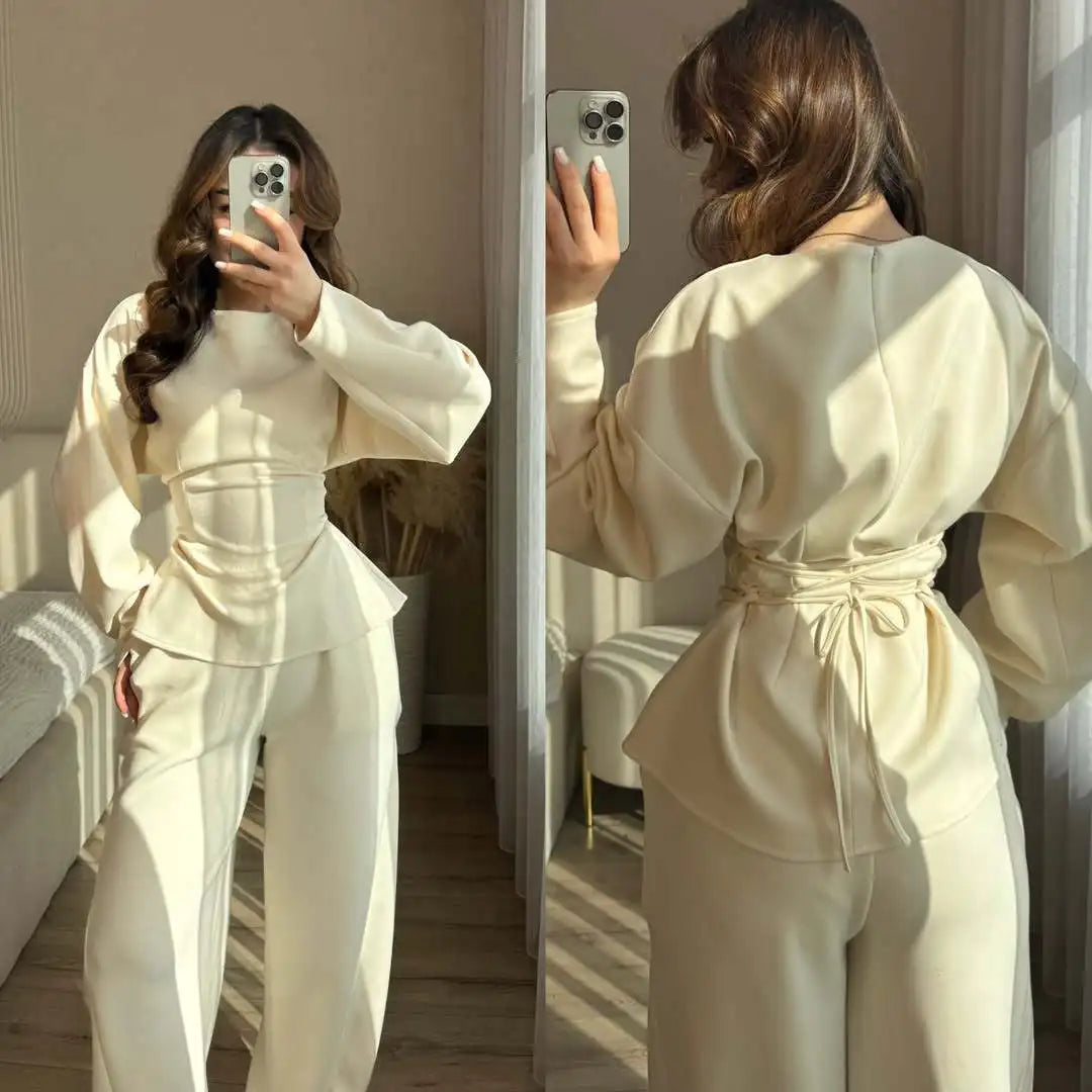 Yaminiya Women Casual Two Piece Set Long Sleeve Back Tie Waist Ruffle Hem Top & Wide Leg Pants Solid Color Loungewear Tracksuit