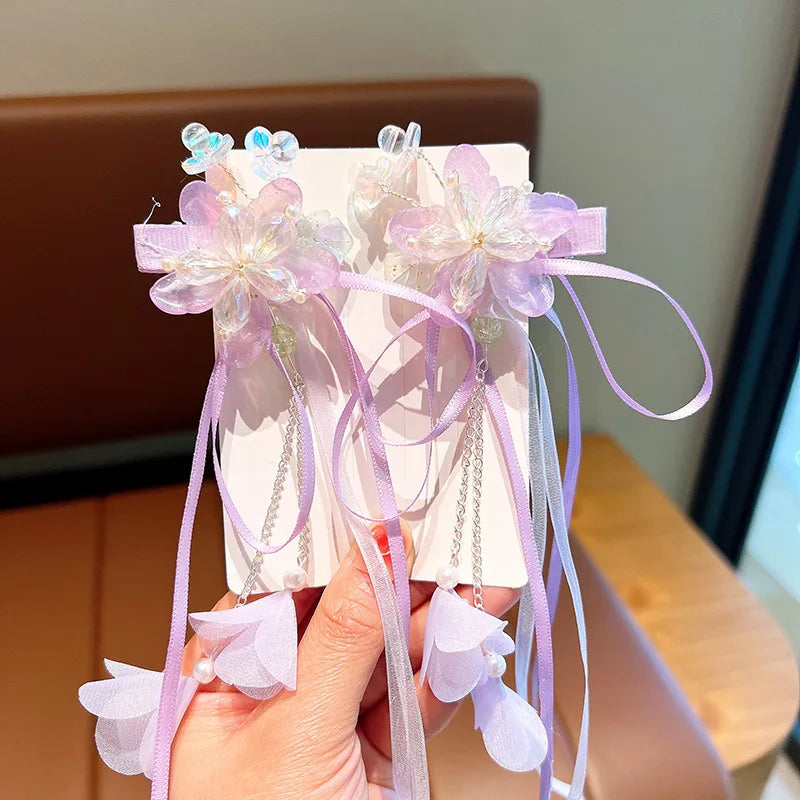 Pink and Blue Ribbon Tassel Hairpin Hair Clip for Children Girl Ancient Style Hanfu Hair Pins Cosplay Hair Accessories