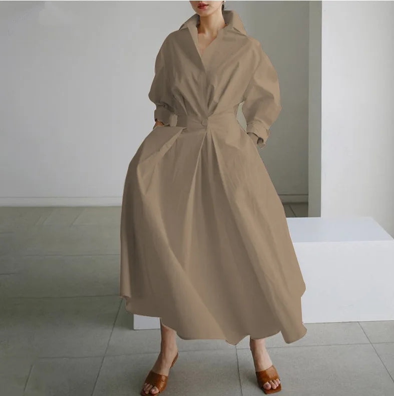2026 Women's Oversized Elegant Cotton Linen Sundress Lapel Neck High Waist Long Sleeve Long Shirt Dress OL Vestidos Robe Femme