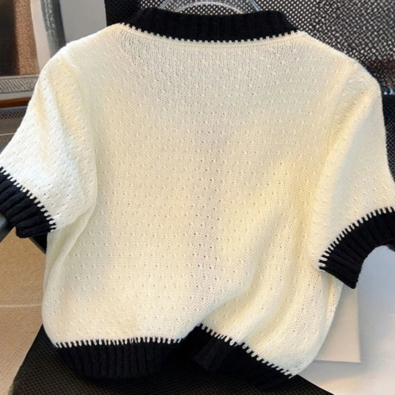 Small Fragrance Thin Cardigan Short Sleeve Single Breasted Pockets Contrast Color Sweaters 2025 Summer Knit Tops Women Clothing