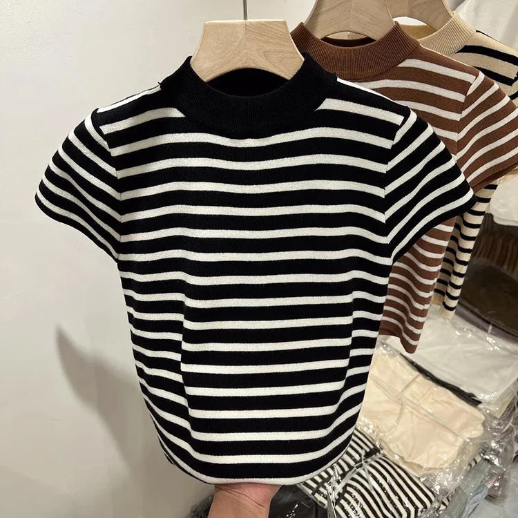 Half Turtleneck Pullover Striped Sweater Sweater Slim Fit Top Shirt Women's Early Spring and Autumn Short Sleeve Bottoming Shirt