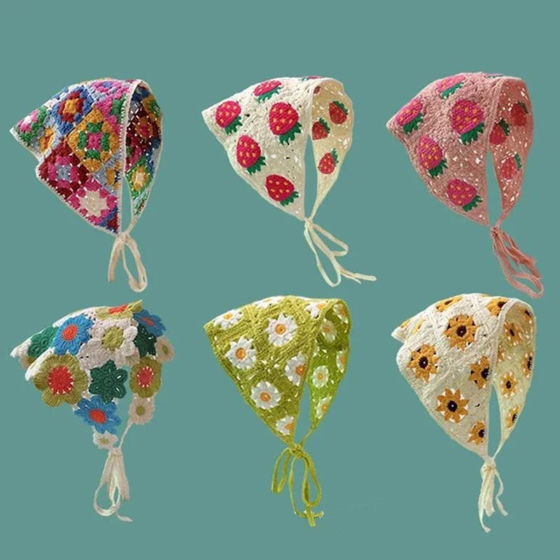 Korean Sweet Cute Handmade Crochet Hollow Triangle Headband Towel Women Spring and Summer Travel Literary Photo Hair Scarf
