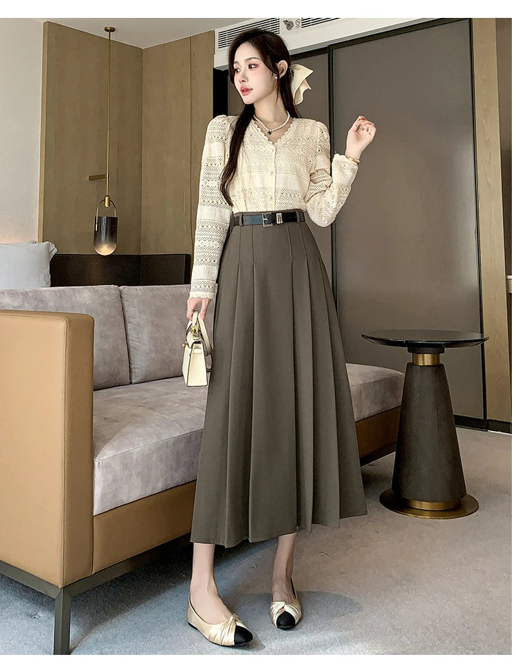 [EWQ] Elegant Solid Color Mid-Length All Match Skirt For Women 2026 Spring Summer Loose High Waist A-Line Pleated Skirts 16O9169