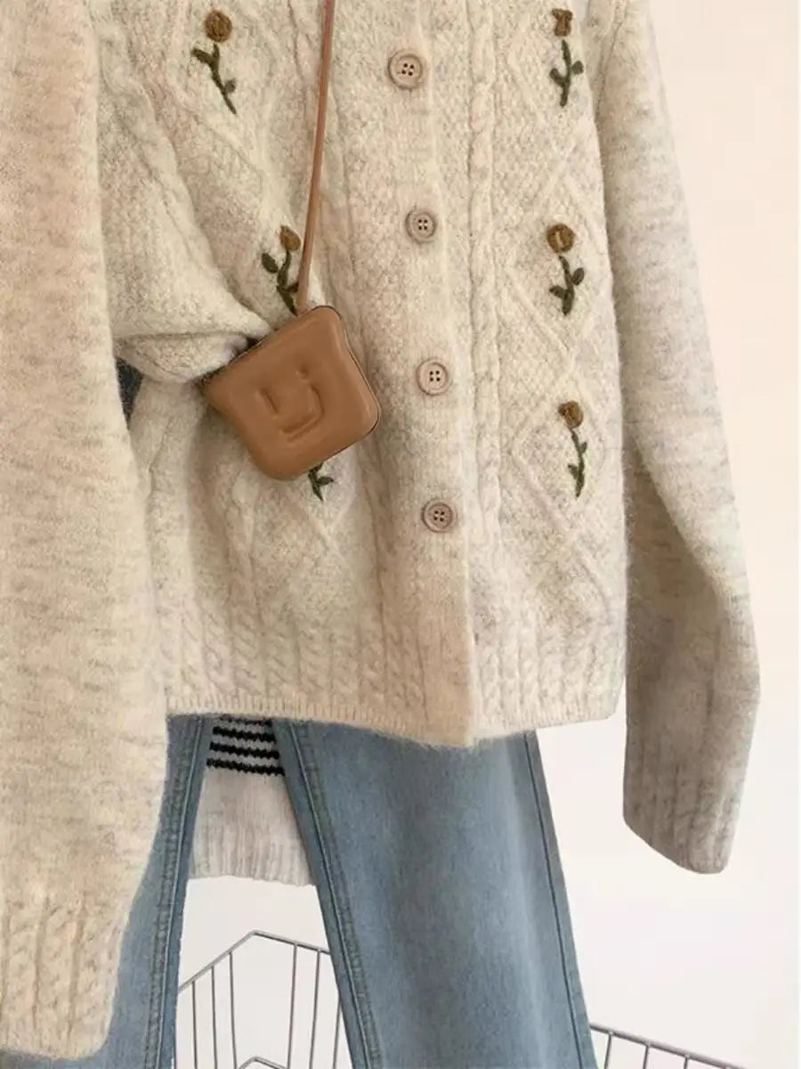 Korean Style Embroidered Knitwear Long Sleeve round Neck Women's Outerwear Spring Autumn New Style Thickened Cardigan Top