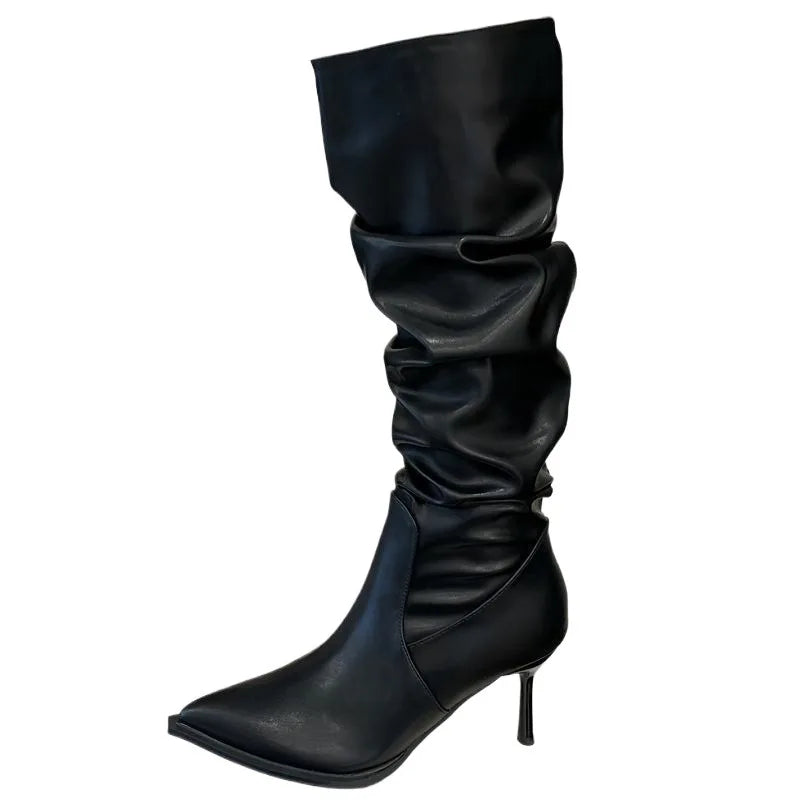 Retro Pointed Toe Slim Heel Long Boots Women's Autumn Winter New Lightweight Luxury Folded Edge Boots Casual round Toe