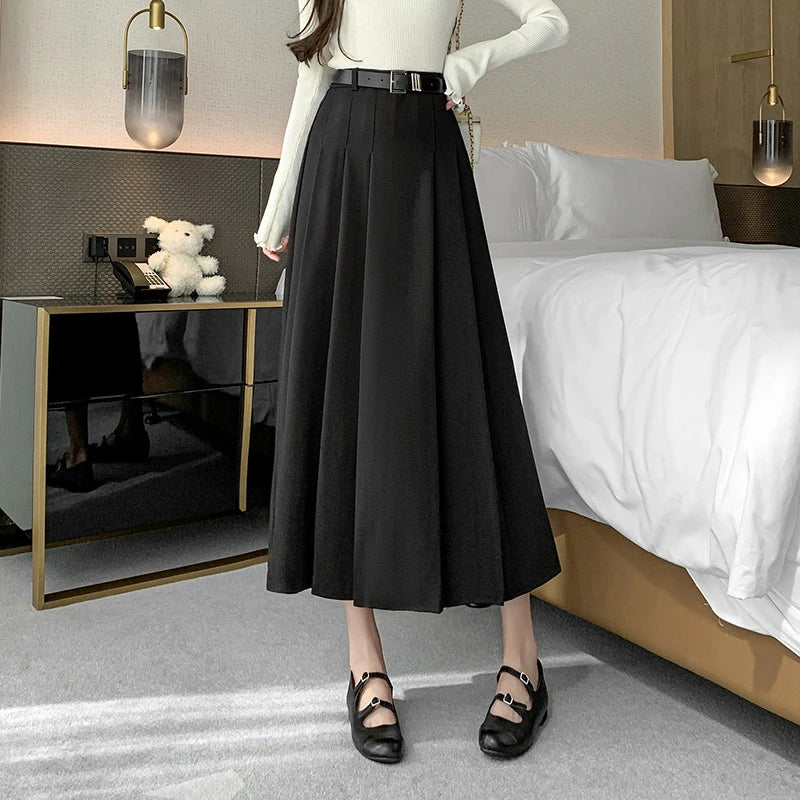 [EWQ] Elegant Solid Color Mid-Length All Match Skirt For Women 2026 Spring Summer Loose High Waist A-Line Pleated Skirts 16O9169