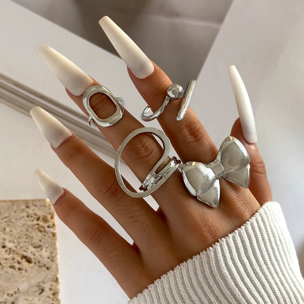 Tocona 2024 New Trendy Geometric Gold Silver Colour Set Rings for Women Adjustable Finger Ring Party Wedding Jewelry Accessories