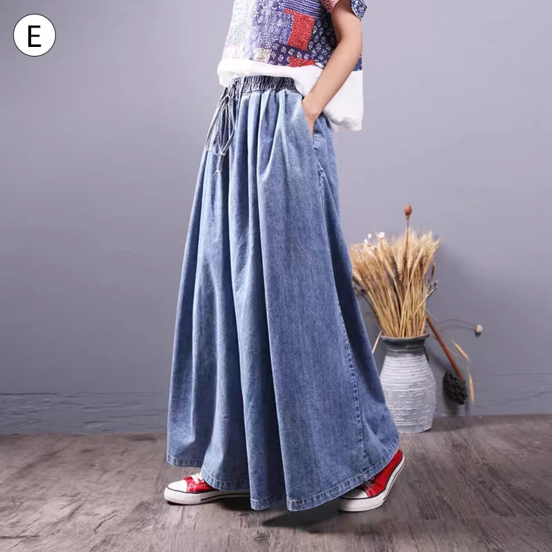 Spring NEW Elastic Waist Loose-Fit Plus Size Women's Jeans Slimming Wide-Leg Ground-Length Simple Culottes Casual Pants