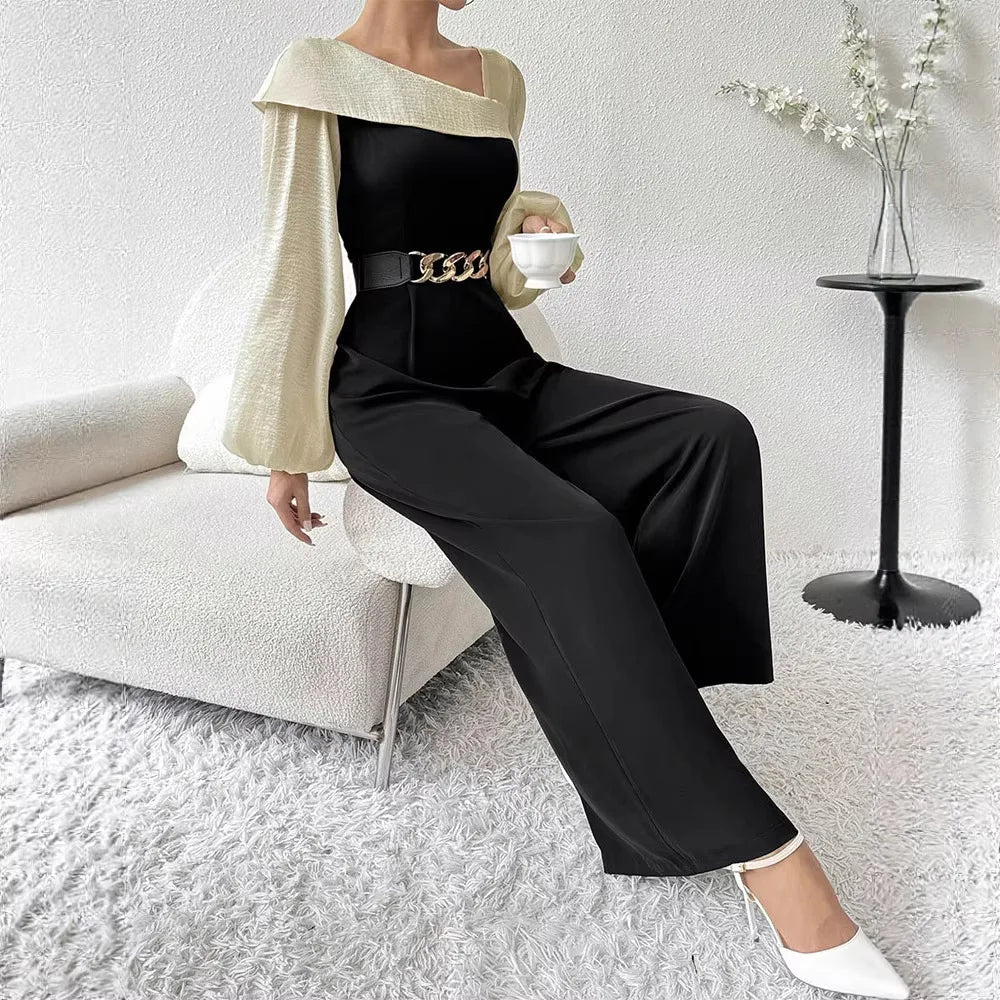 Elegant Long Sleeve Jumpsuit for Women Casual High Waist Wide Leg Pants Fashionable plus Size Polyester Fabric Spring Autumn