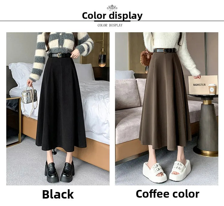 Elegant High Waist A-Line Midi Skirt Women's Fashion Slimming Skirts Autumn Winter New Style Loose Flared Mid-Length Skirts