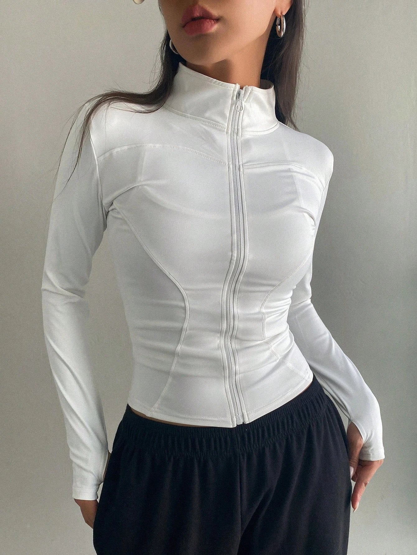 Women's Sport Zipper Closure Slim Fit Crop Jacket Solid Color Stand-up Collar Long Sleeve Yoga Clothes Spring/Autumn Streetwear