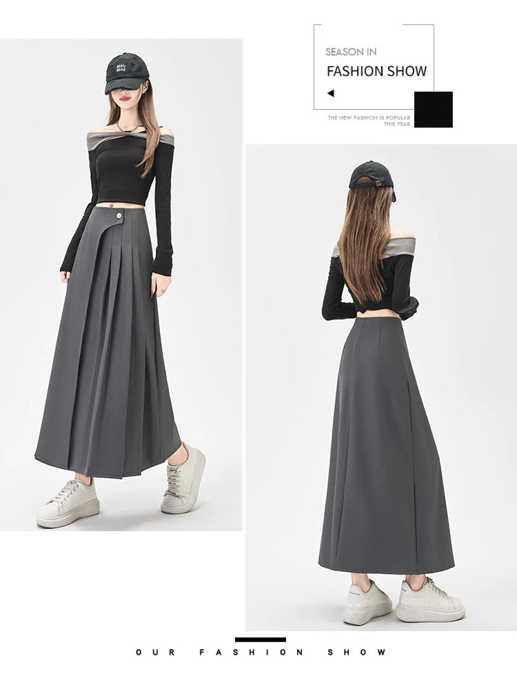SMTHMA Women's High-Waisted Slimming Solid A- Line Skirt New Fashionable Big Umbrella Skirt Autumn/Winter Season Long Skirt