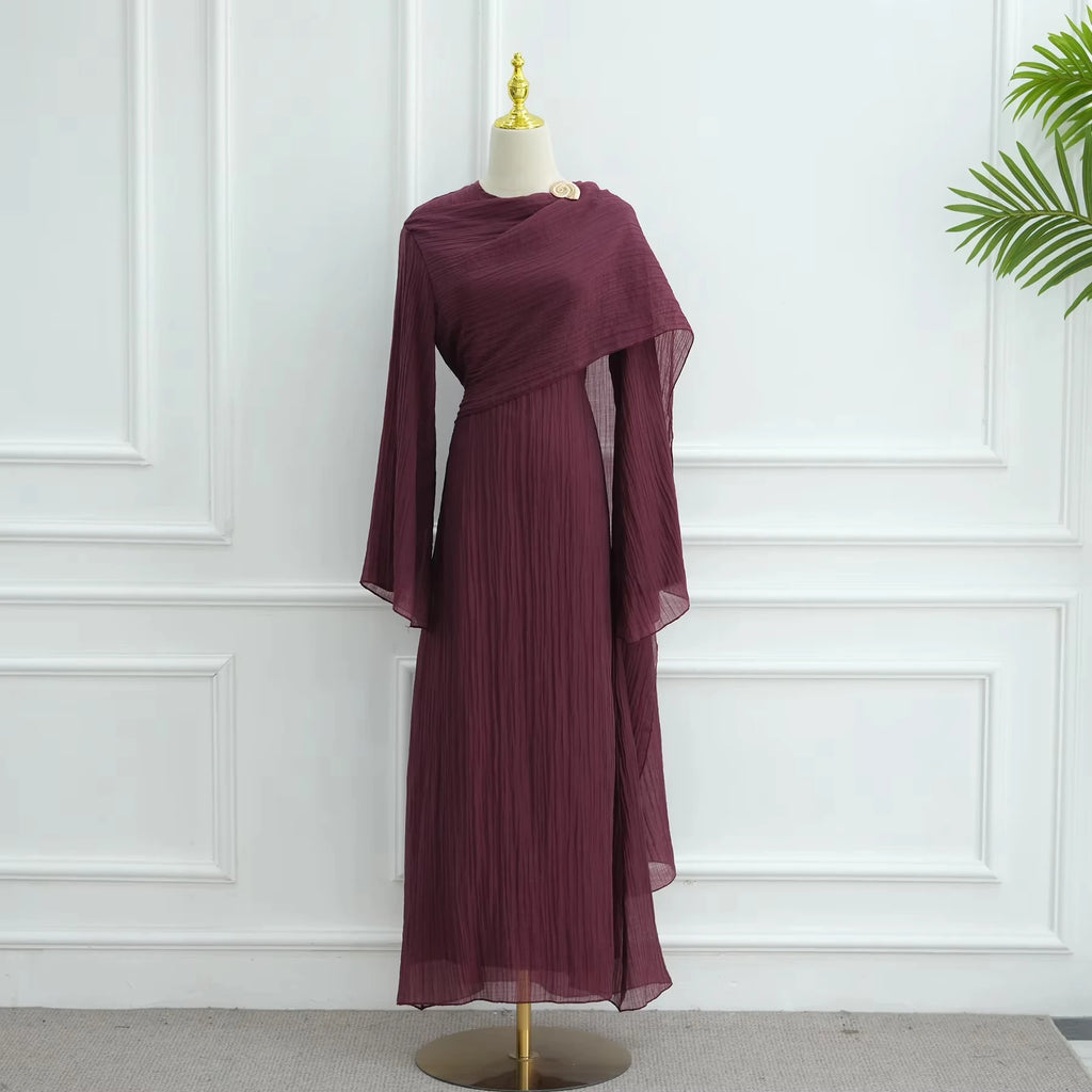 2025 New Pleated Fabric Elegant Shawl Gown Long Dress Islamic Clothing Women Abaya Dubai Modest Abaya Women Muslim Dress