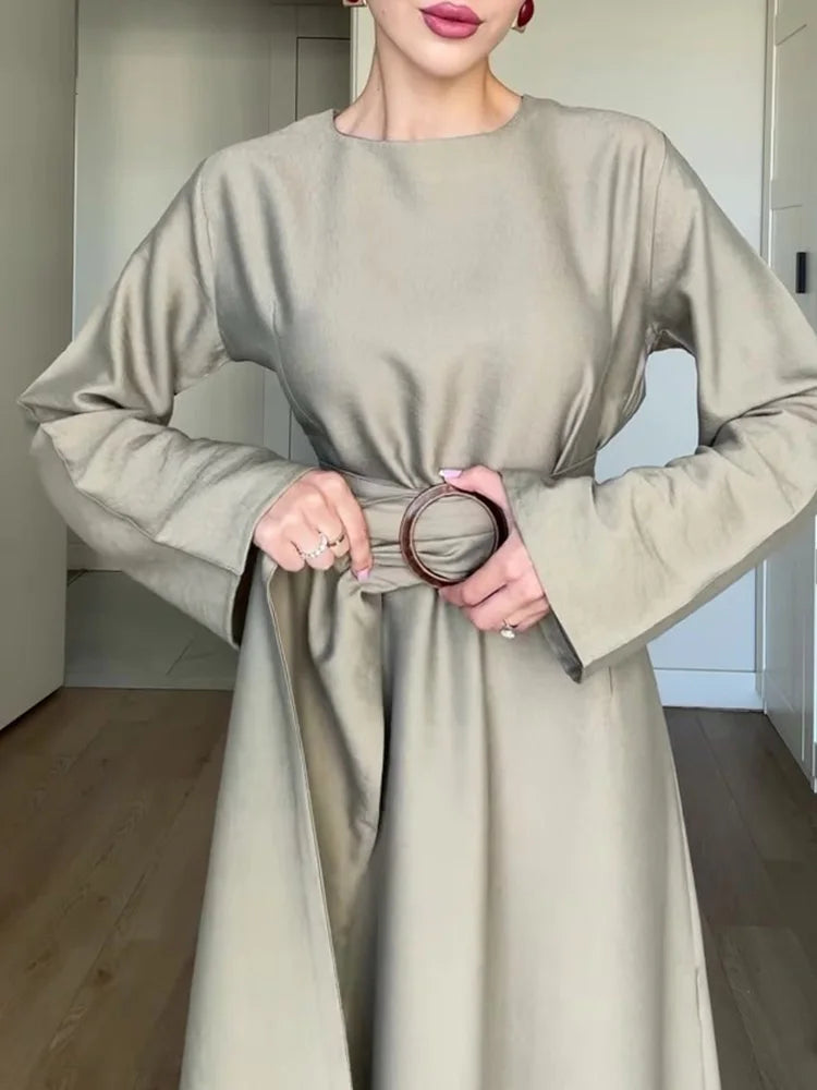 Yitimuceng Elegant Dress for Women Fashion Vintage Long Sleeve Dresses Solid Silm Belt O Neck Midi 2025 New Autumn Winter Dress
