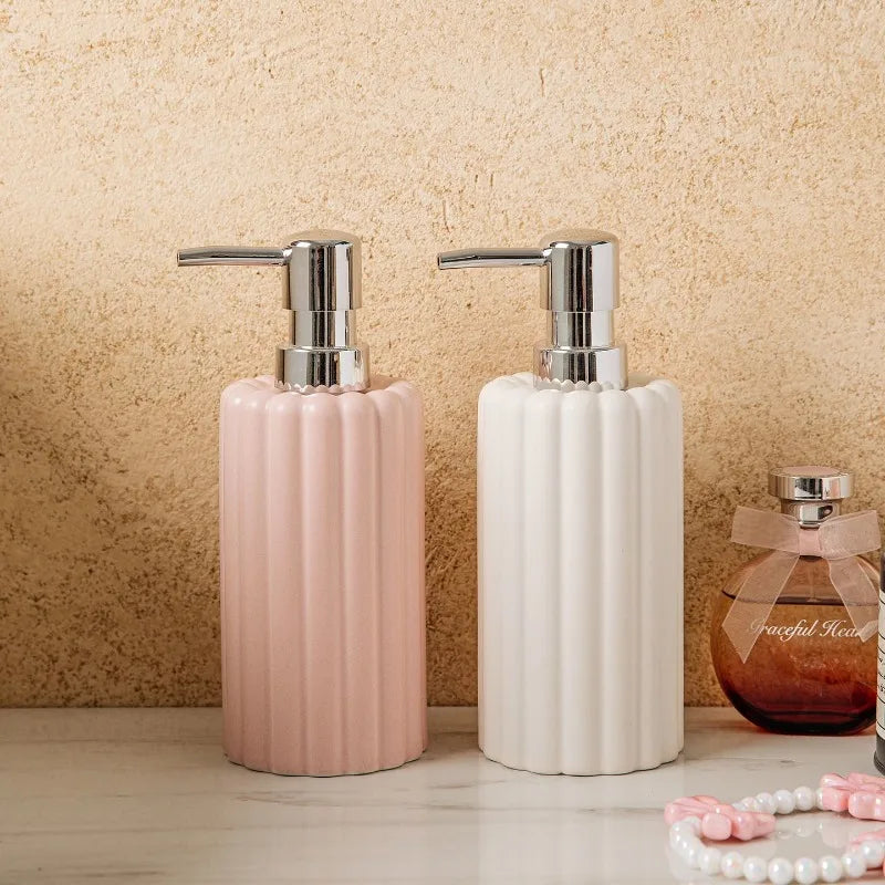 400ml Ceramic Lotion & Soap Dispenser – Pink & White Stripes