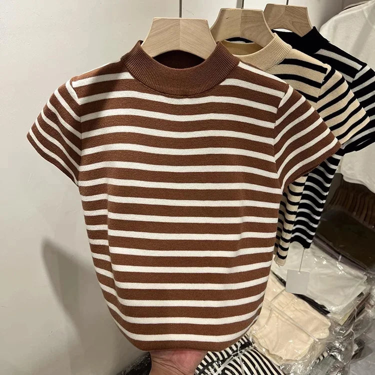 Half Turtleneck Pullover Striped Sweater Sweater Slim Fit Top Shirt Women's Early Spring and Autumn Short Sleeve Bottoming Shirt