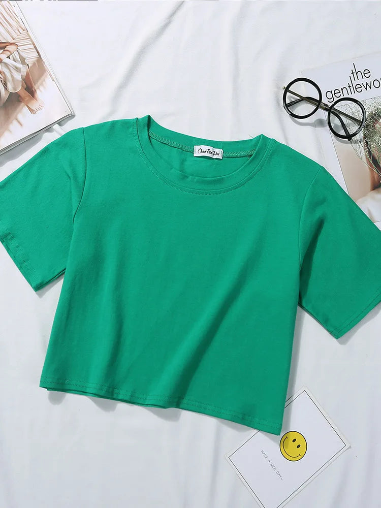2023 Summer Short Sleeve T Shirts Women Cotton Solid T-shirt O Neck High Waist Crop Top Tee Female Casual Loose T Shirt